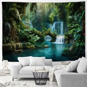 Aucun Tapisserie de paysage de cascade de jungle tropicale, plantes vertes, tapisseries de forêt de