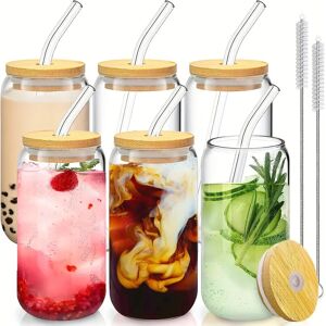 Aucun Tasse en verre à haute teneur en borosilicate, couvercle en bois, paille en verre, jus, canette de bière, verres transparents, 1-6 pièces par ensemble