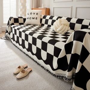 Aucun Housse de canapé à grille noire et blanche, couverture complète, serviette de canapé universelle, avec pompons, décoration de maison, décor de salon