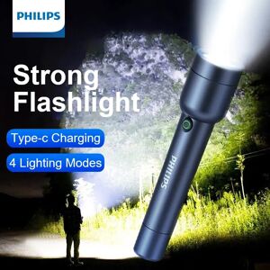 Philips Lampe de poche LED étanche avec USB 18650, batterie aste, 4 modes d'éclairage, camping en plein air, autodéfense