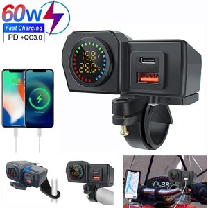 Aucun Guidon de moto et rétroviseur arrière 60W QC3.0 + PD, avec voltmètre numérique, thermomètre, prise USB, chargeur rapide, adaptateur d'alimentation pour téléphone