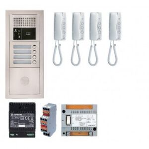 Pack interphone audio 4 logements - platine encastrée avec 4 combinés blanc - aiphone gtba4e