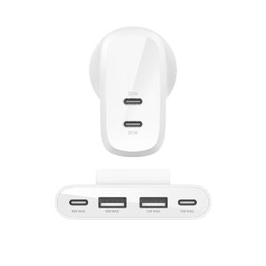 Belkin BoostCharge Pro USB-C® Wall Charger with PPS 60W + 4-Port USB Power Extender (White)