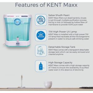 Kent MAX Water Purifier with Double Purification Process of UV+UF, Activated Carbon Pre-filter, Transparent Detachable Tank, ABS Body Material (White)