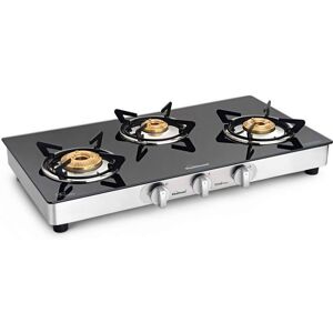 Sunflame Nova Cooktop with 3 Brass Burners, Stainless Steel Body, Manual Ignition, Euro-coated Pan Supports, Double Stainless Steel Drip Tray (Black)