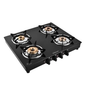 Sunflame Nova Cooktop with 4 Brass Burners, Toughened Glass Top, Manual Ignition, Powder Coated Pan Support, Stainless Steel Drip Trays (Black)