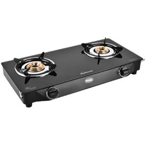 Sunflame Pride 2B BK Cooktop with 2 Brass Burner, Manual Ignition, Powder Coated Pan Support, Toughened Glass Cooktop, Stainless Steel Base (Black)