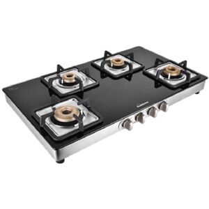 Sunflame GT 4B AURA SS Cooktop with Vitreous Enamelled Skirting, Cast Iron Pan Supports, Stainless Steel Drip Tray, Forged Brass Burners (Black)