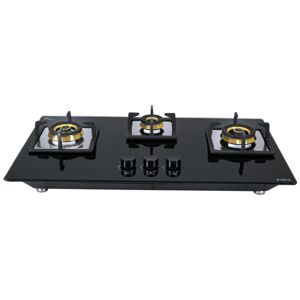 Elica Flexi 3 Burner HOB with Ultra Slim Floating Design, Heavy Brass Burner, Free Standing Cook Top, High Quality Knobs, Cast Iron Pan (FBHCT-375-DX)