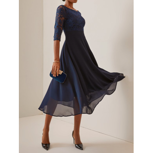 JustFashionNow Wedding Party Lace Chiffon Zip 3/4 Sleeve Midi Formal Dress - Navyblue - Size: XXL