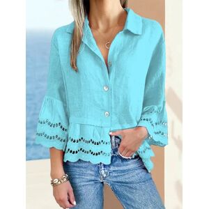 JustFashionNow JFN Cotton and Linen Lace Casual Plain 3/4 Sleeve Shirt - Light Blue - Size: XXL