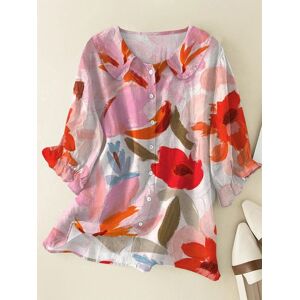 JustFashionNow JFN Floral Painting Lantern Sleeve Shawl Collar Casual Buttoned 3/4 Sleeve Shirt - Red - Size: XXL