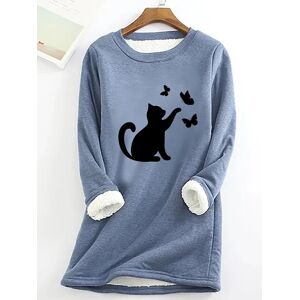 Lilicloth.com Women Black Cat Simple Warmth Fleece Sweatshirt - Blue - Size: 3XL