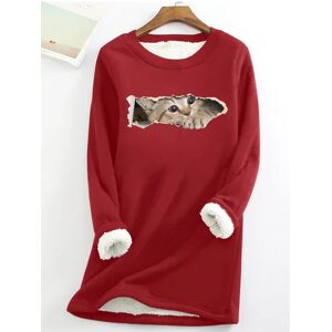Lilicloth.com Women Funny Cat Simple Warmth Fleece Sweatshirt - Red - Size: 3XL