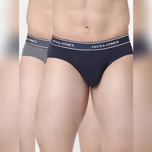 JACK & JONES JACK&JONES Grey & Navy Blue Logo Print Briefs - Pack of 2