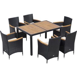 Outsunny Set Tavolo e Sedie da Giardino 7 Pezzi in PE Rattan e Legno, Mobili da Esterni con Cuscini Morbidi, Nero