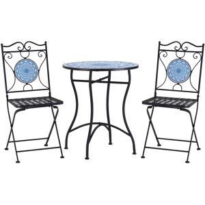 Outsunny Set da Giardino 3 Pezzi con Decorazioni Mosaico, Tavolino Rotondo e 2 Sedie Pieghevoli in Metallo, Stile Unico, Blu