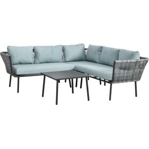 Outsunny Set da Giardino 4 Pezzi in Rattan con Tavolino da Caffè, 2 Divani ad Angolo e Poltroncina, Nero Grigio e Blu