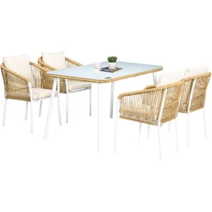 Outsunny Set da Giardino in Rattan PE e Alluminio con Tavolo in Vetro e 4 Sedie Impilabili, Giallo