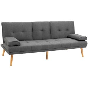 Homcom Divano Letto 3 Posti Reclinabile con 2 Braccioli Staccabili, in Tessuto Effetto Lino e Legno di Pioppo, 181x77x72 cm, Grigio scuro