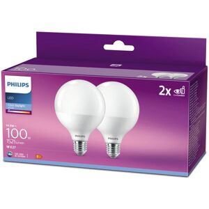 Philips Set da 2 lampadine LEDGL100SMCL2PF, LED, E27 globo, smerigliato, luce fredda, 15W= 1521 LM (equiv 100 W), 150°,
