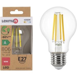 LEXMAN Lampadina LED, E27 goccia, trasparente, luce naturale, 3.8W= 806LM (equiv 60 W), classe energetica A,
