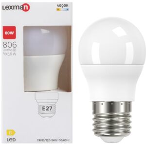 LEXMAN Lampadina LED, E27 sferico, smerigliato, luce naturale, 5.9W= 806LM (equiv 60 W), 240°,
