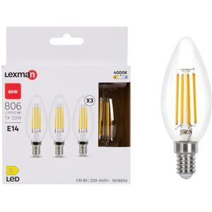 LEXMAN Set da 3 lampadine LED, E14 oliva, trasparente, luce naturale, 5.9W= 806LM (equiv 60 W), 330°,