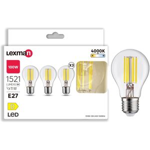 LEXMAN Set da 3 lampadine LED filamento, E27 goccia, trasparente, luce naturale, 11W= 1521 LM (equiv 100 W), 330°,