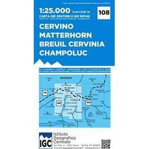 Carta n. 108 Cervino Matterhorn, Breuil Cervinia, Champoluc 1:25.000. Carta dei sentieri e dei rifugi