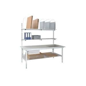 ratioform Tavolo da imballo, 1600 x 900 x 760-960 mm, regol. alt., mensola e disp. imballi