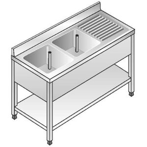 ACA Sistemi Lavello Acciaio Inox AISI 304 2 Vasche SX Sgocciolatoio DX Dim. 140x70x85 cm con Alzatina