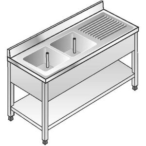 ACA Sistemi Lavello Acciaio Inox AISI 304 2 Vasche SX Sgocciolatoio DX Dim. 160x70x85 cm con Alzatina