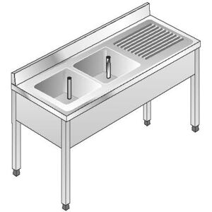 ACA Sistemi Lavello Acciaio Inox AISI 304 2 Vasche DX Sgocciolatoio SX Dim. 160x70x85 cm con Alzatina senza Ripiano
