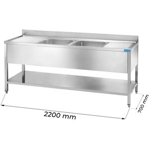 Lavello aperto in acciaio inox con 2 vasche e gocciolatoi a sinistra e destra L2200xP700xH850 mm linea premium