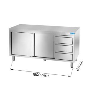 Tavolo armadiato in acciaio inox con 3 cassetti verticali a destra senza alzatina L1600xP600xH850 mm linea premium