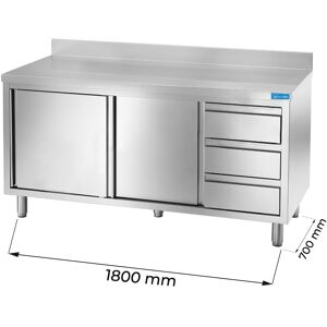 Tavolo armadiato in acciaio inox con 3 cassetti verticali a destra con alzatina L1800xP700xH850 mm linea premium