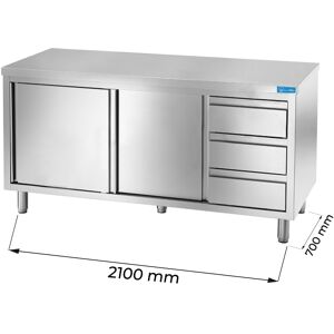 Tavolo armadiato in acciaio inox con 3 cassetti verticali a destra senza alzatina L2100xP700xH850 mm linea premium