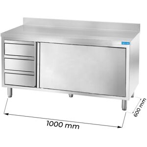 Tavolo armadiato in acciaio inox con 3 cassetti verticali a sinistra con alzatina L1000xP600xH850 mm linea premium