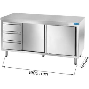 Tavolo armadiato in acciaio inox con 3 cassetti verticali a sinistra senza alzatina L1900xP700xH850 mm linea premium