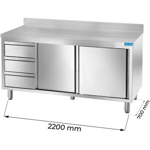 Tavolo armadiato in acciaio inox con 3 cassetti verticali a sinistra con alzatina L2200xP700xH850 mm linea premium