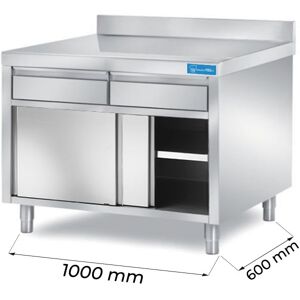 Tavolo armadiato in acciaio inox con 2 cassetti orizzontali con alzatina L1000xP600xH850 mm linea premium