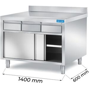 Tavolo armadiato in acciaio inox con 3 cassetti orizzontali con alzatina L1400xP600xH850 mm linea premium