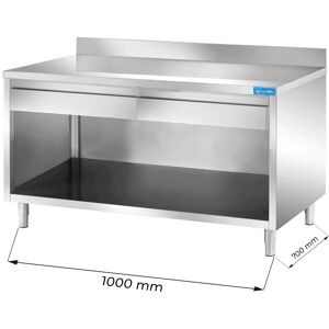 Tavolo a giorno in acciaio inox con 2 cassetti orizzontali con alzatina L1000xP700xH850 mm linea premium