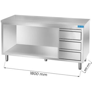 Tavolo a giorno in acciaio inox con 3 cassetti verticali a destra senza alzatina L1800xP600xH850 mm linea premium