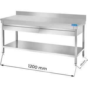 Tavolo aperto in acciaio inox con 2 cassetti orizzontali con ripiano con alzatina L1200xP600xH850 mm linea premium