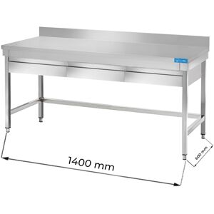 Tavolo aperto in acciaio inox con 2 cassetti orizzontali senza ripiano con alzatina L1400xP600xH850 mm linea premium