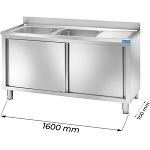 Lavello armadiato in acciaio inox con 2 vasche e gocciolatoio a destra L1600xP700xH850 mm linea basic