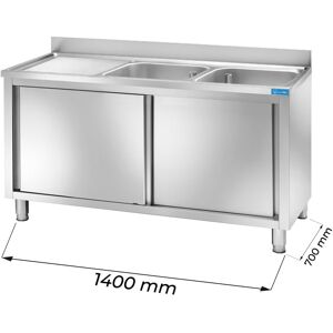 Lavello armadiato in acciaio inox con 2 vasche e gocciolatoio a sinistra L1400xP700xH850 mm linea basic