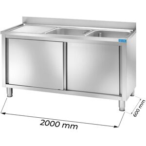 Lavello armadiato in acciaio inox con 2 vasche e gocciolatoio a sinistra L2000xP600xH850 mm linea basic